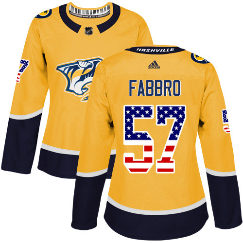 Adidas Predators #57 Dante Fabbro Yellow Home Authentic USA Flag Women's Stitched NHL Jersey